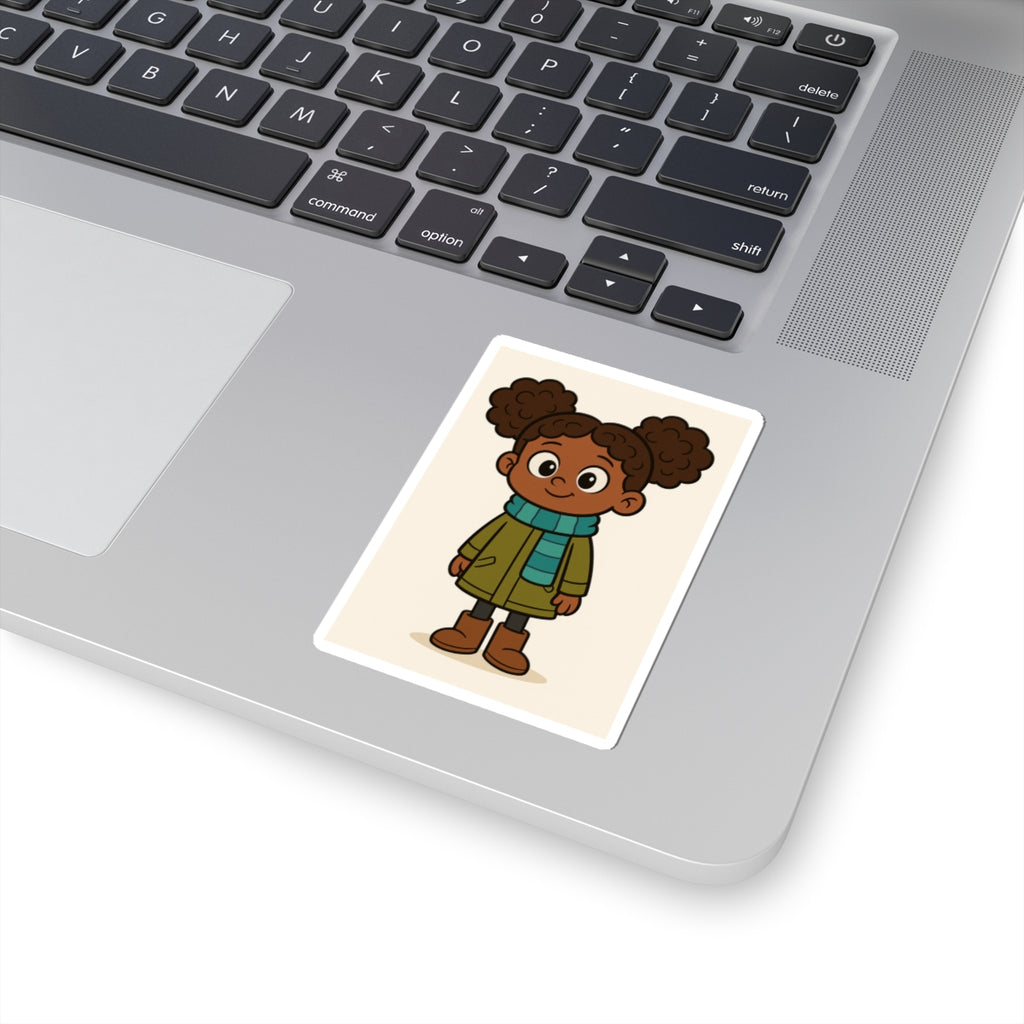 Cute African American Girl Winter Coat Sticker — Kiss-Cut Laptop Decal
