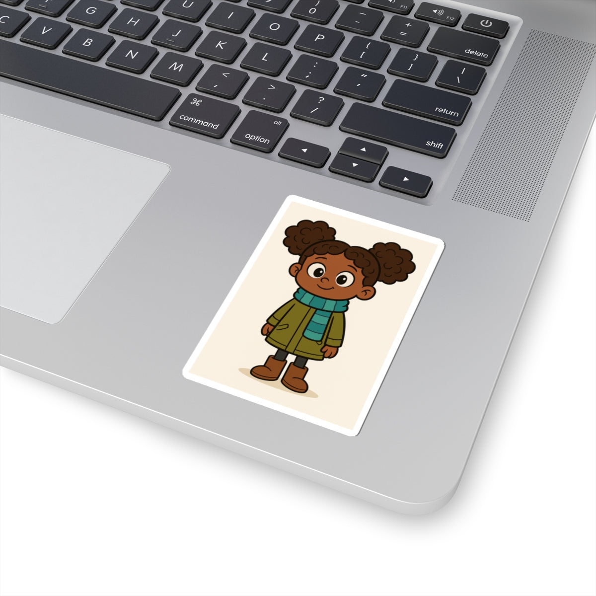 Cute African American Girl Winter Coat Sticker — Kiss-Cut Laptop Decal